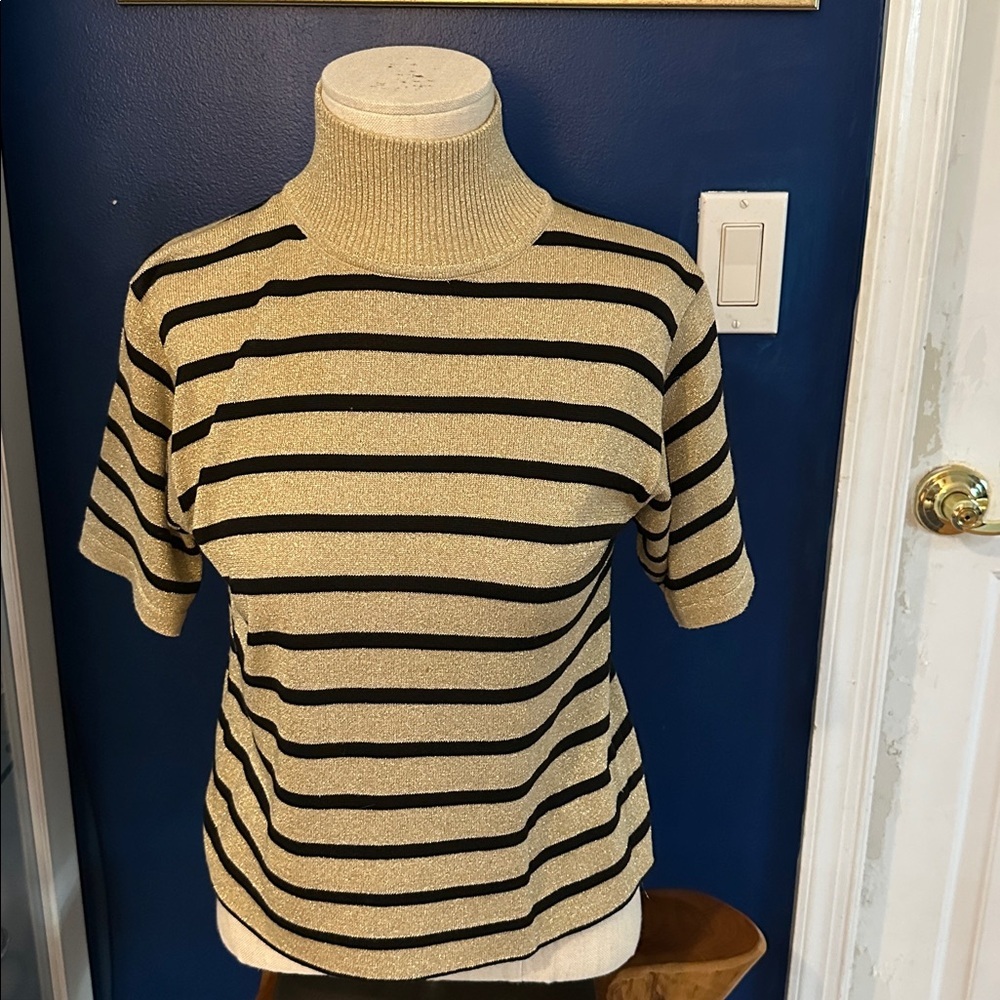 Lisa Originals Sparkle Gold & Black Stripe Metallic Cotton Blend Top Size Medium
